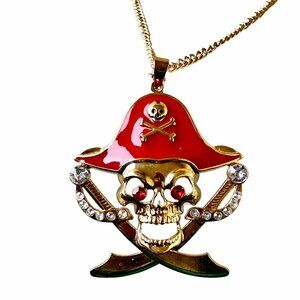 Pirate Pendant Necklace Skull Swords Rhinstones Enamel Halloween Costume